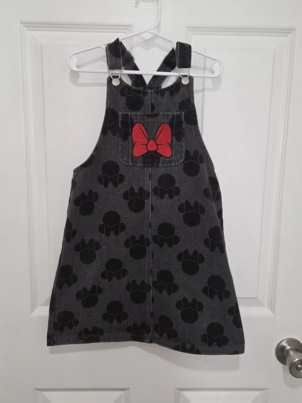 Disney Collection Minnie Mouse Gray Denim Jumper Dress Red Bows Size 6X SEE PICT